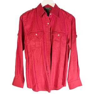Vintage Ralph Lauren Red 100% Linen Long Sleeve Button Up Roll Tab Sleeves S